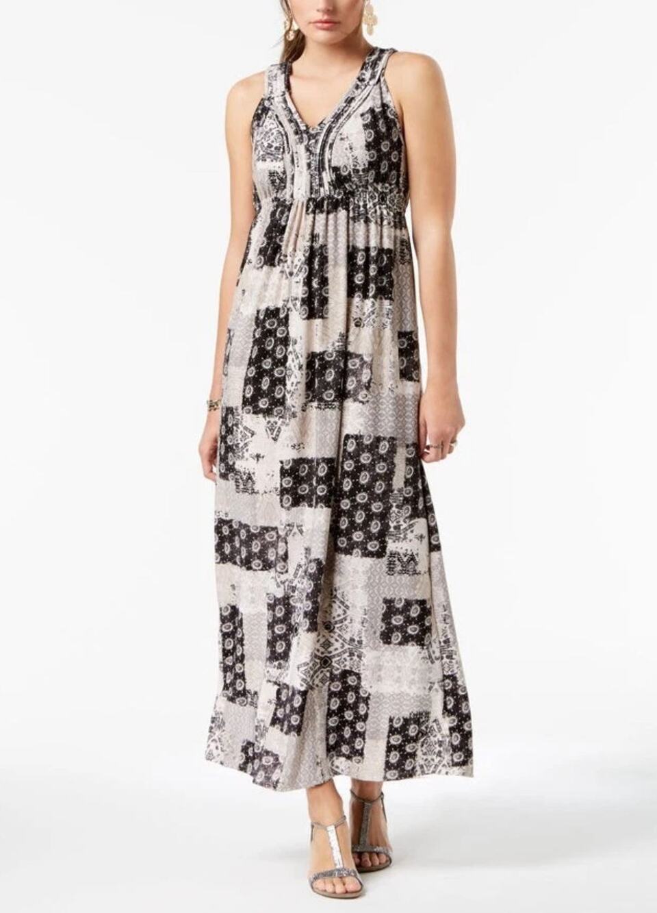 Style & Co Patchwork‎ Paisley Maxi Dress Large Black Tan Stretch Boho